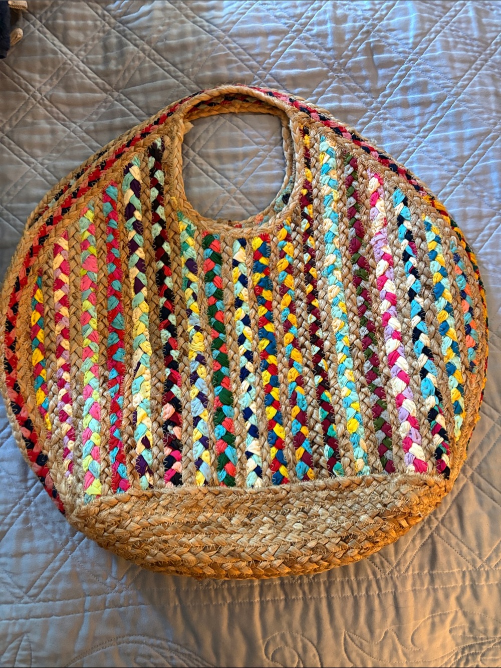 Multicolor Braided Round Straw Tote Bag - Picture 1 of 4